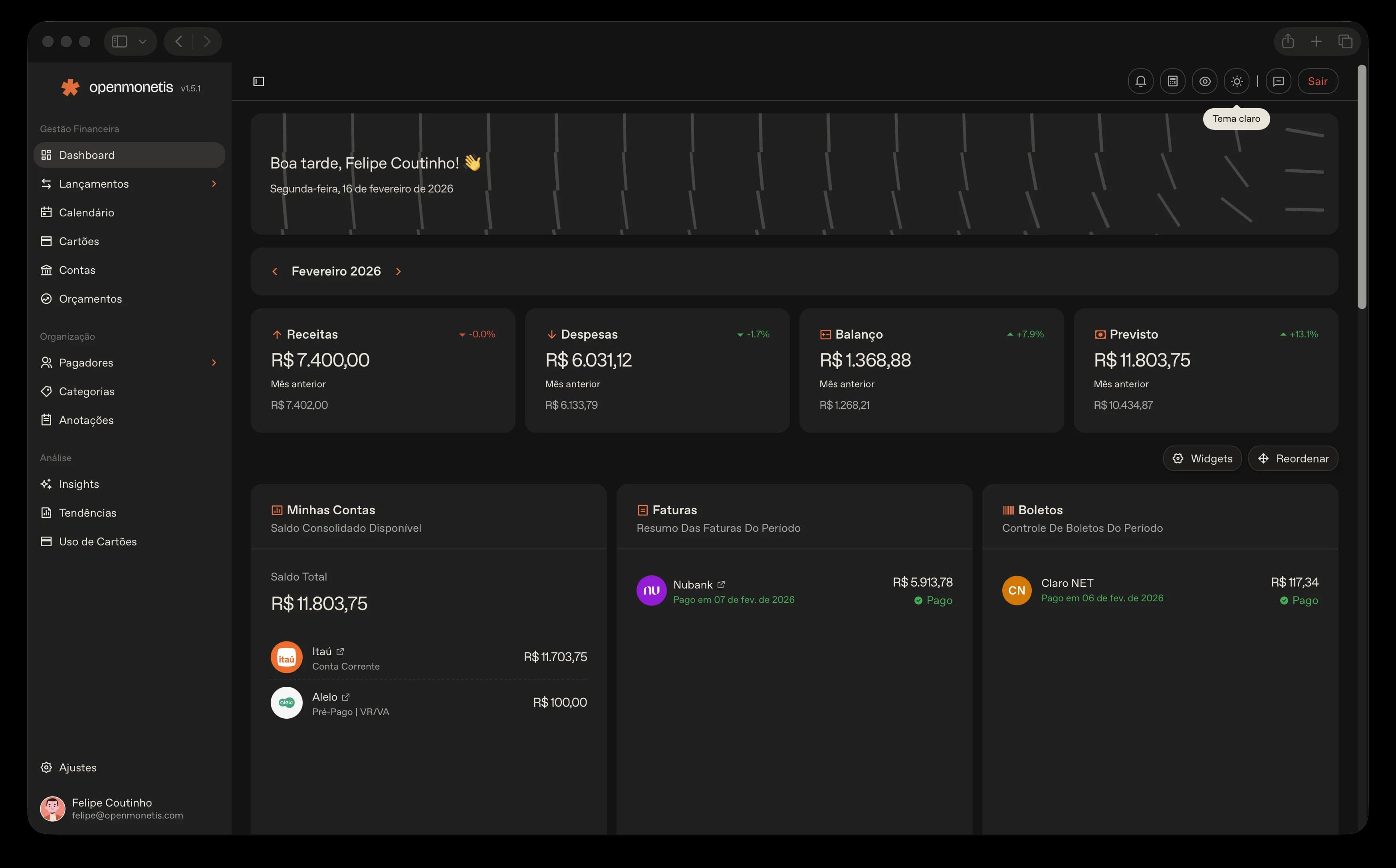 openmonetis Dashboard Preview